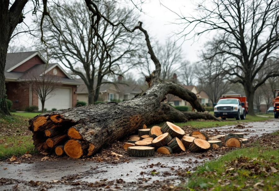 Storm-broken oak limb cut into sections on a Lawton driveway